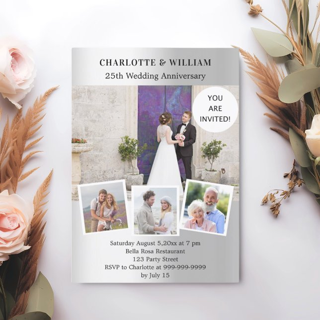 25th wedding anniversary silver photo collage invitation (Creator Uploaded)