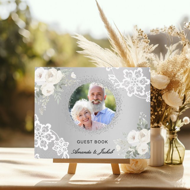 25th Wedding Anniversary silver photo lace floral Guest Book (Creator Uploaded)