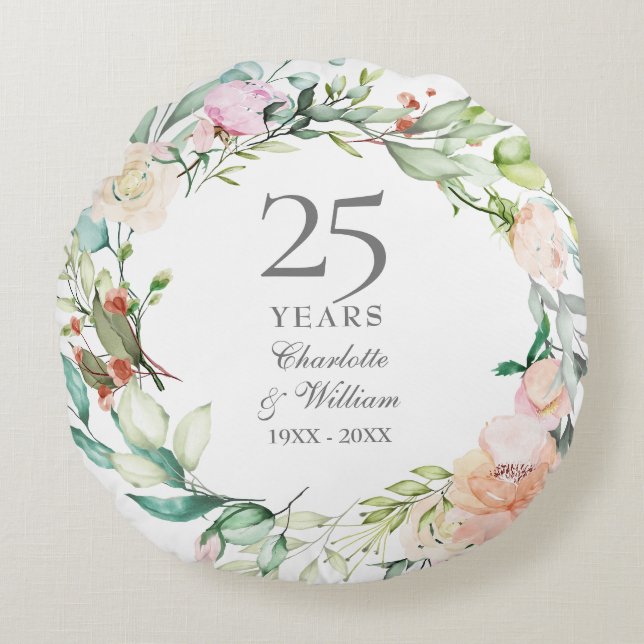 25th Wedding Anniversary Silver Photo Roses Floral Round Pillow (Front)
