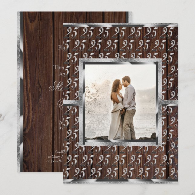 25th Wedding Anniversary Silver Rustic Wood Invitation (Front/Back)