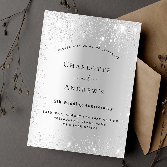 25th wedding anniversary silver sparkles invitation (Creator Uploaded)