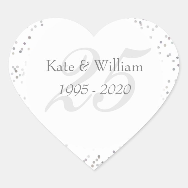 25th Wedding Anniversary Silver Stardust Confetti Heart Sticker (Front)