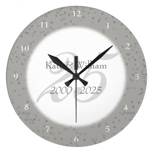 25th Wedding Anniversary Silver Stardust Confetti Large Clock