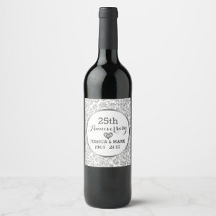 25th Wedding Anniversary Silver & White Damasks Wine Label