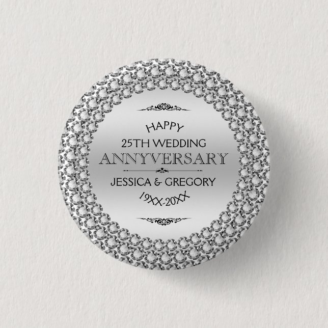25th Wedding Anniversary Silver & White Diamonds 1 Inch Round Button (Front)