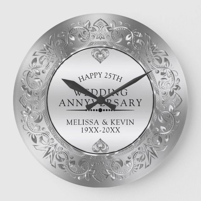 25th wedding anniversary silver & white diamonds 2 large clock (Front)