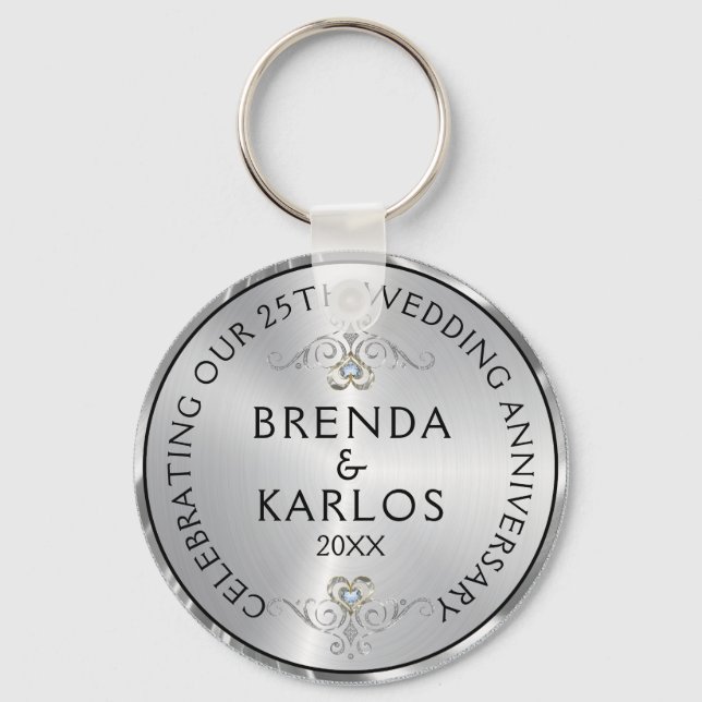 25th wedding anniversary silver & white diamonds keychain (Front)