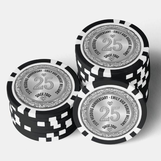 25th Wedding Anniversary Silver White Diamonds Poker Chips (Stack)