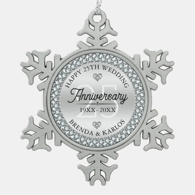 25th Wedding Anniversary Silver & White Diamonds Snowflake Pewter Christmas Ornament (Front)