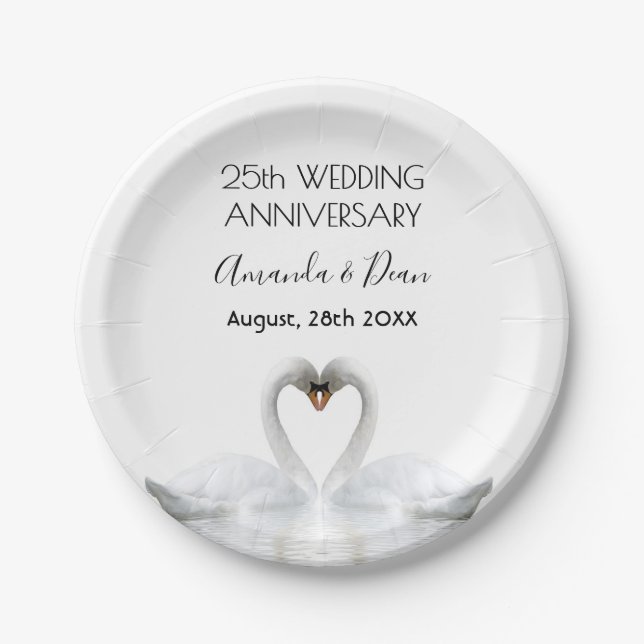 25th wedding anniversary silver white swans paper plate (Front)