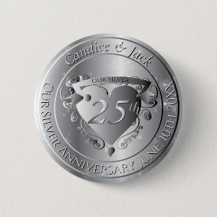 25th Wedding Anniversary Silvery Heart 2 Inch Round Button