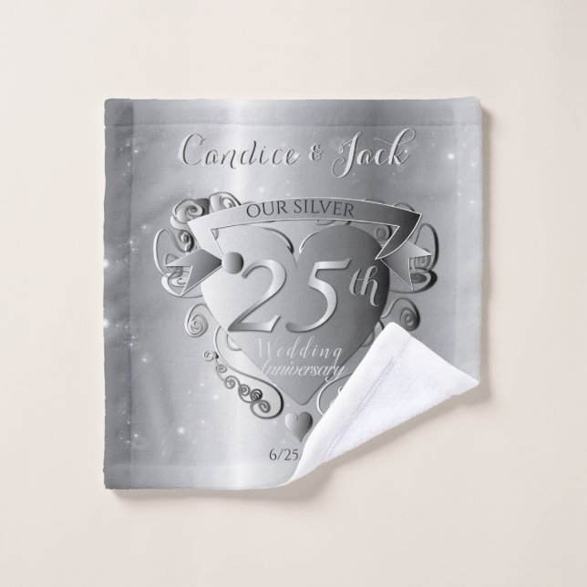 25th Wedding Anniversary Silvery Heart  Bath Towel Set (Wash Cloth)