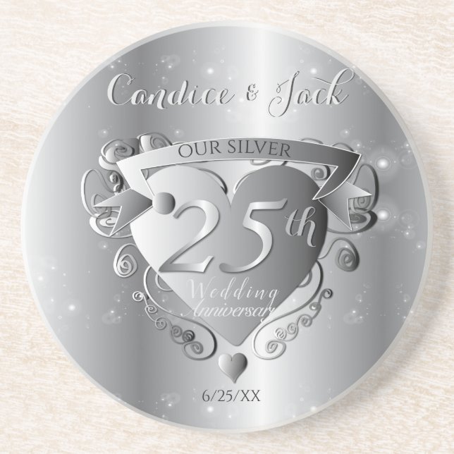 25th Wedding Anniversary Silvery Heart Coaster (Front)