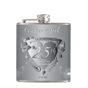25th Wedding Anniversary Silvery Heart  Hip Flask