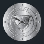 25th Wedding Anniversary Silvery Heart Large Clock<br><div class="desc">Looking for that romantic design for their 25th wedding anniversary milestone? With a touch of retro 50's and silvery highlights? Then perhaps my original heart emblem marking the day on coasters will be just the gift you're looking for!</div>