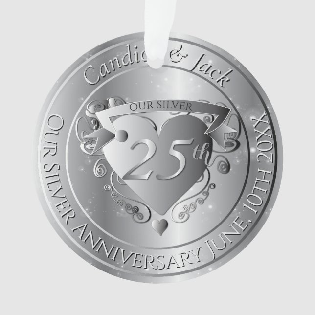 25th Wedding Anniversary Silvery Heart Ornament (Front)
