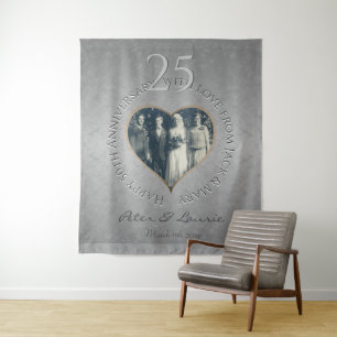 25th Wedding Anniversary silvery Photo Heart  Tapestry