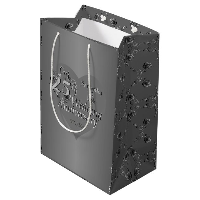 25th Wedding Anniversary Silvery Rose Heart  Medium Gift Bag (Back Angled)