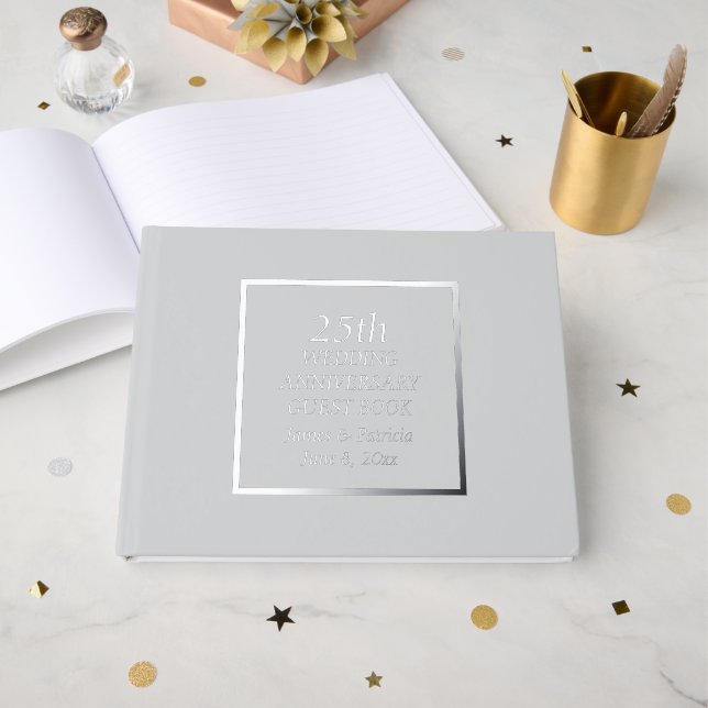 25th Wedding Anniversary Simple Silver Stylized Guest Book (Front Open)