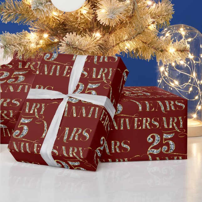 25th Wedding Anniversary Sparkling Text On Red Wrapping Paper (Holidays)