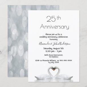 25th wedding anniversary two swans in love white invitation
