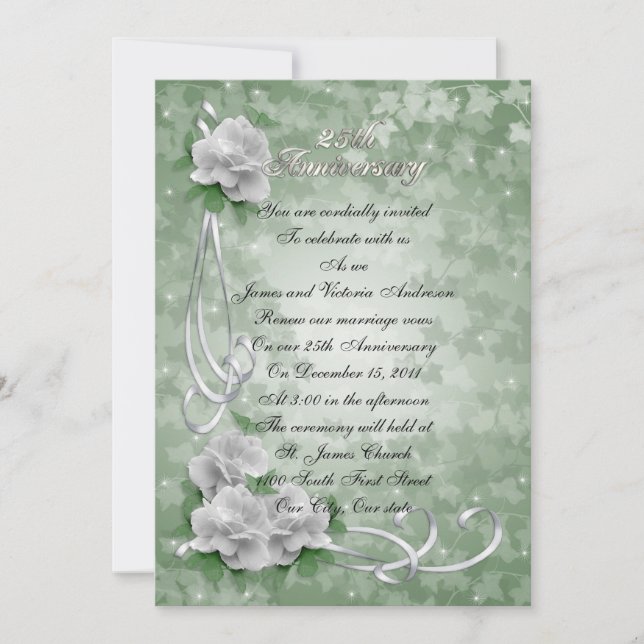25th Wedding anniversary vow renewal White roses Invitation (Front)