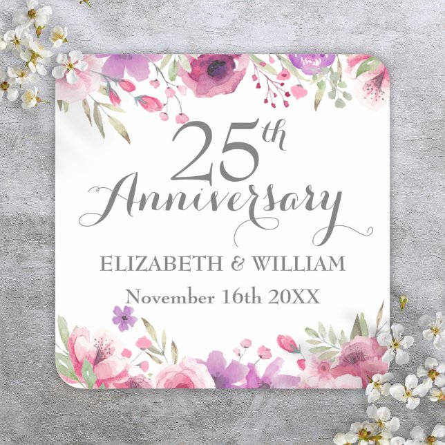 25th Wedding Anniversary Watercolor Roses Floral Square Sticker (25th Wedding Anniversary Watercolor Roses Floral Square Sticker)