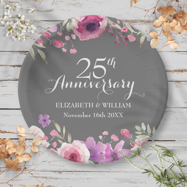 25th Wedding Anniversary Watercolor Roses Paper Plate (25th Wedding Anniversary Watercolor Roses Paper Plates)