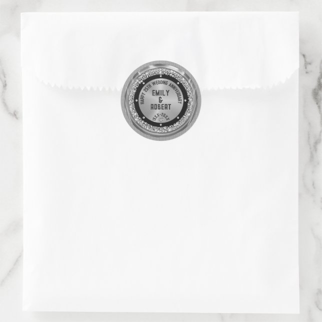 25th wedding Anniversary white diamonds & gold Classic Round Sticker (Bag)