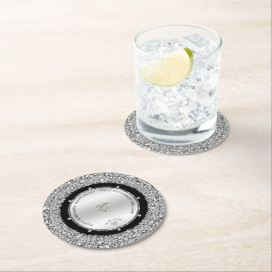 25th wedding Anniversary white diamonds & silver Round Paper Coaster