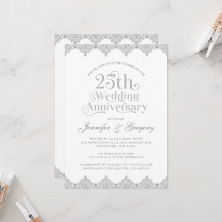 25th Wedding Anniversary White Grey Typography Invitation