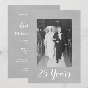 25th Wedding Anniversary with Photo Brushed Silver Invitation