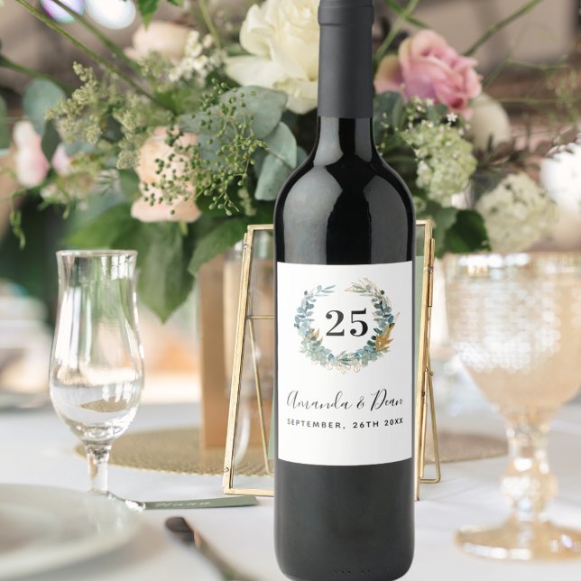25th wedding annversary eucalyptus wreath wine label (Creator Uploaded)