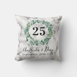 25th wedding annversary marble eucalyptus wreath throw pillow