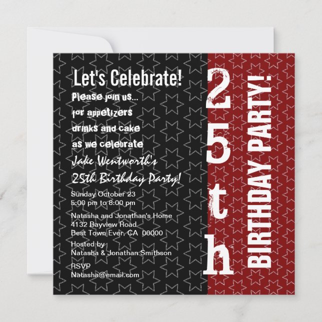 25th Year Birthday Modern Black Red White Stars Invitation (Front)