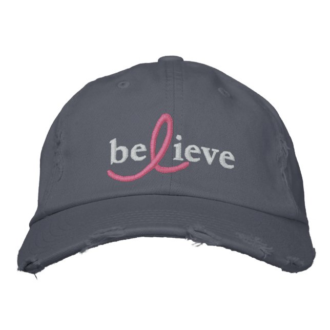 ($26.95) Believe Breast Cancer Ribbon Hat (Front)