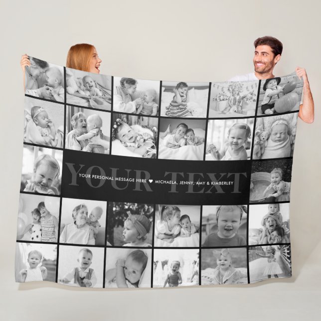 26-Photo Custom Text & Message Black & White Fleece Blanket (In Situ)