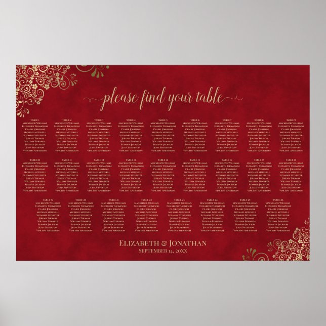 26 Table Crimson Red & Gold Wedding Seating Chart (Front)