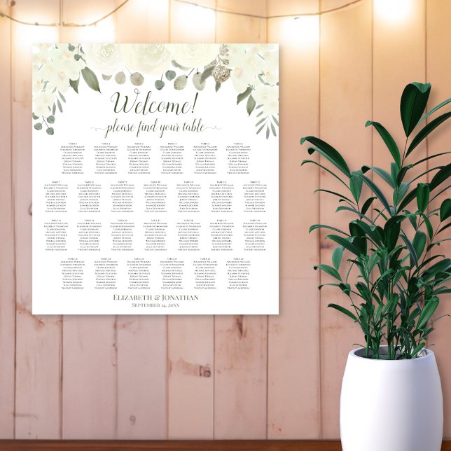 26 Table Ivory White Roses Wedding Seating Chart (In Situ on Wall)