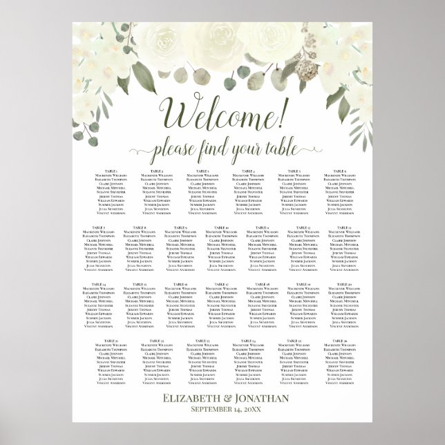26 Table Ivory White Roses Wedding Seating Chart (Front)