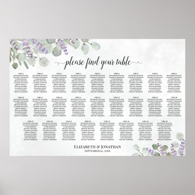 26 Table Lavender Eucalyptus Wedding Seating Chart (Front)