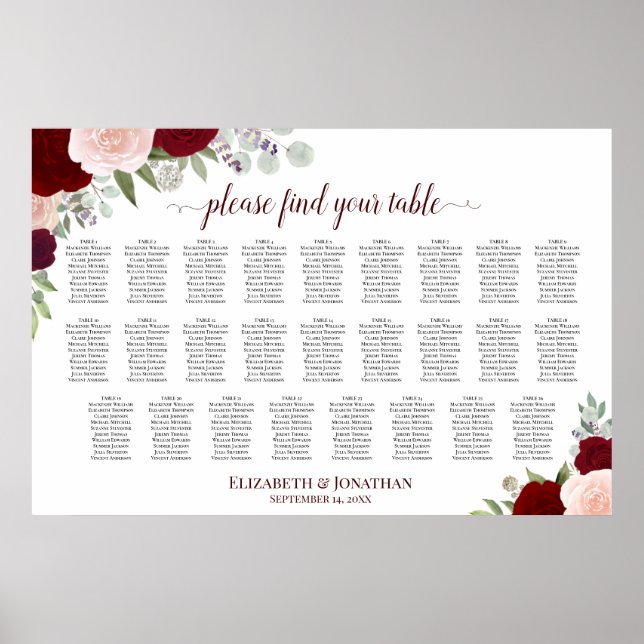 26 Table Red & Pink Roses Wedding Seating Chart (Front)