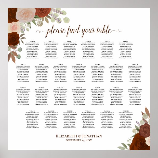 26 Table Rustic Autumn Roses Wedding Seating Chart (Front)