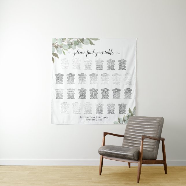 26 Table Rustic Eucalyptus Wedding Seating Chart Tapestry (In Situ)