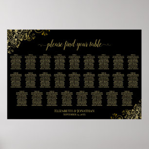 26 Table Wedding Seating Chart Black & Gold Frills