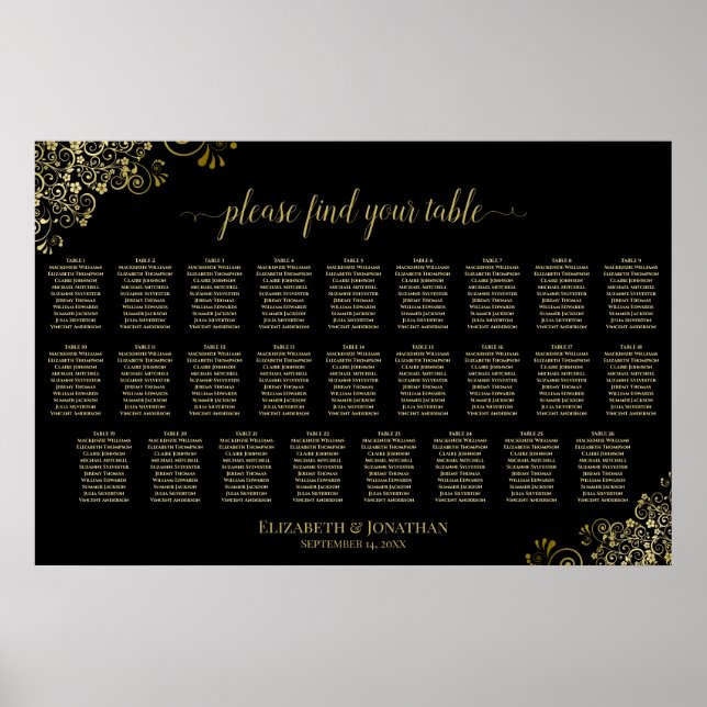 26 Table Wedding Seating Chart Black & Gold Frills (Front)