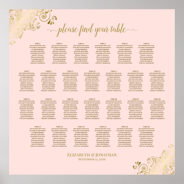 26 Table Wedding Seating Chart Blush Pink & Gold (Front)