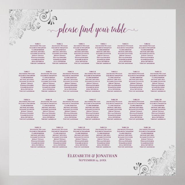 26 Table Wedding Seating Chart Cassis on Grey (Front)
