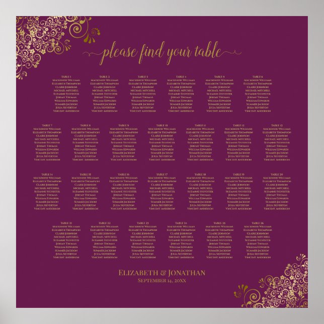 26 Table Wedding Seating Chart Cassis Purple Gold (Front)