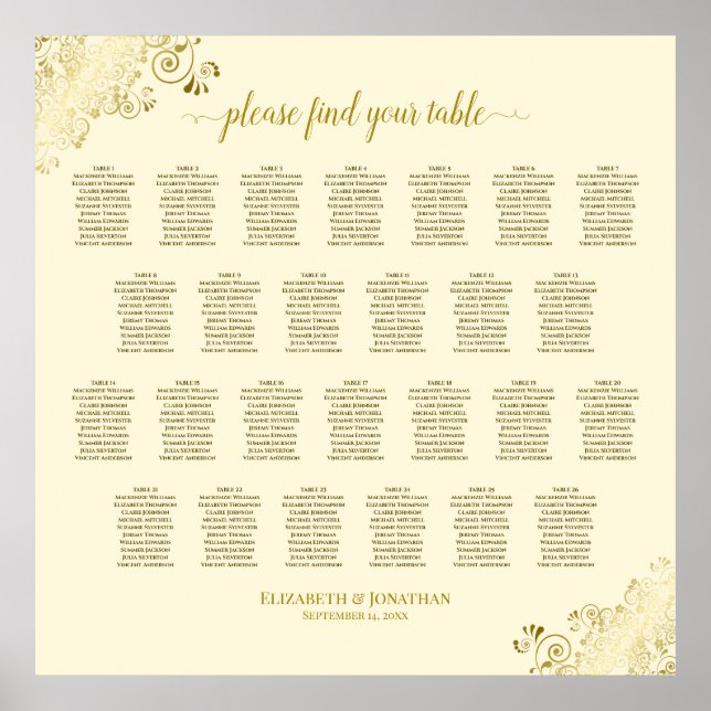 26 Table Wedding Seating Chart Cream & Gold Frills (Front)